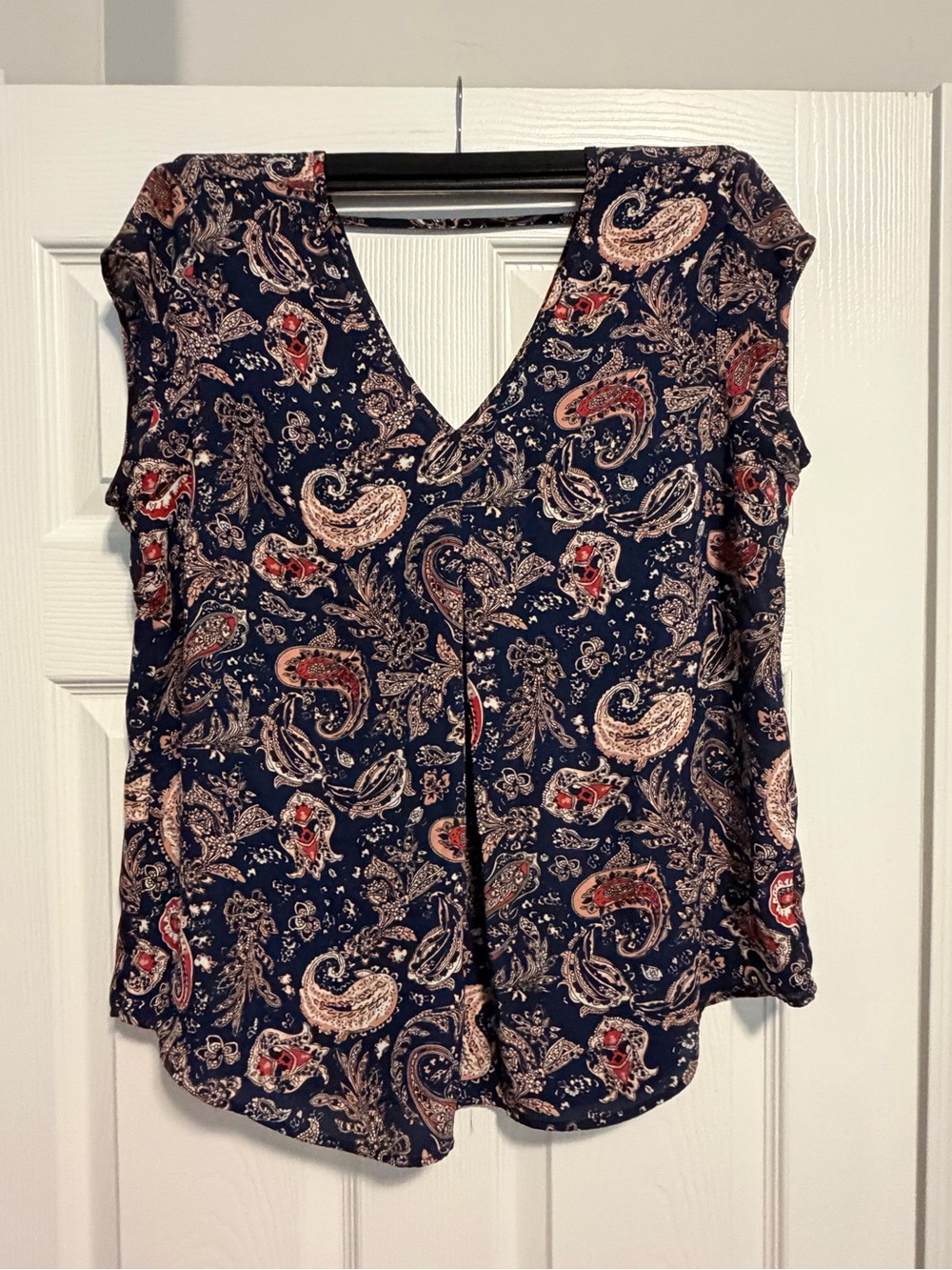 DR2 Navy Paisley V-Neck Cap-Sleeve Blouse with Pink Accents